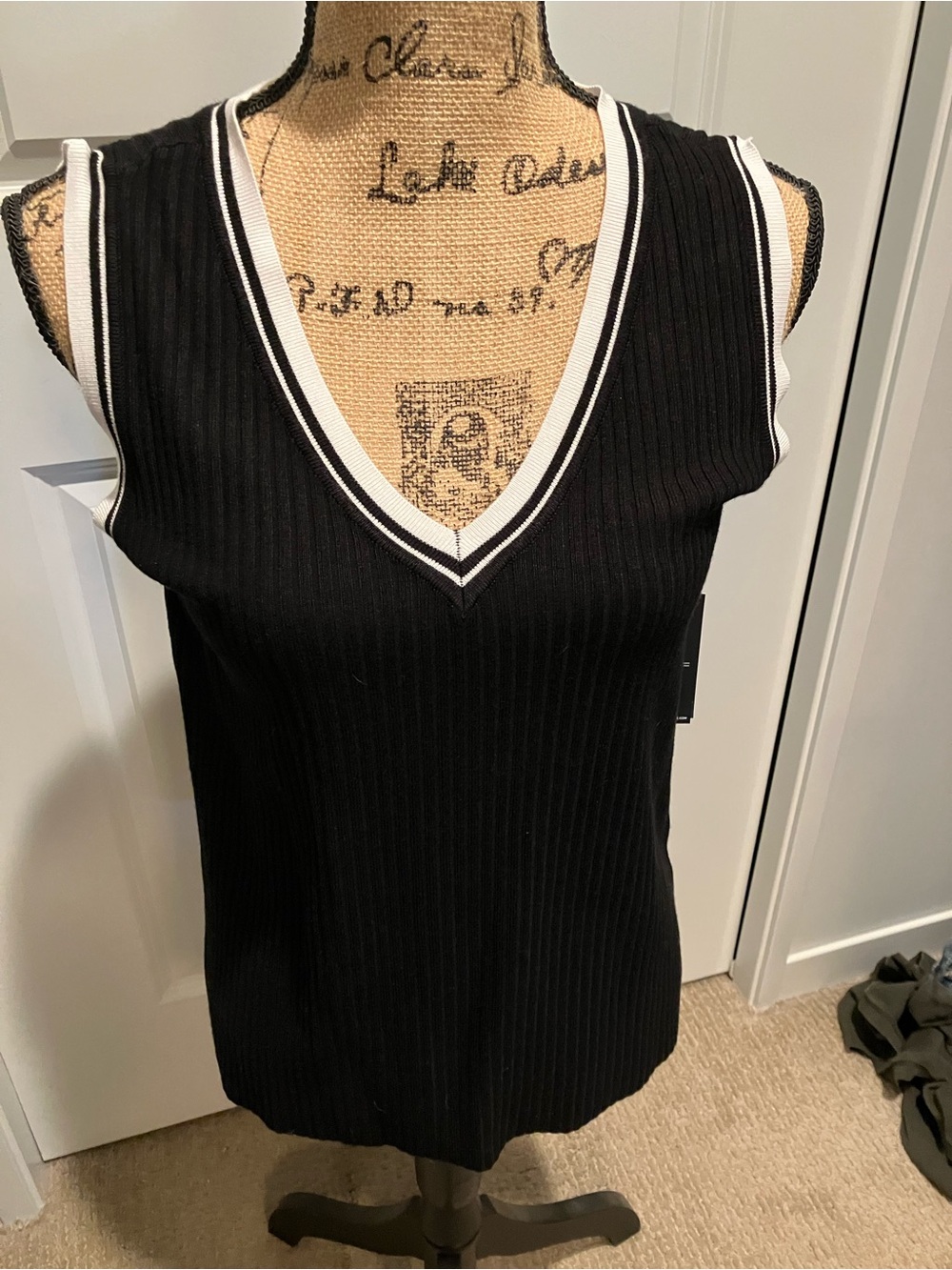 Liverpool Jeans Company Black Ribbed V-Neck Tank with White Trim